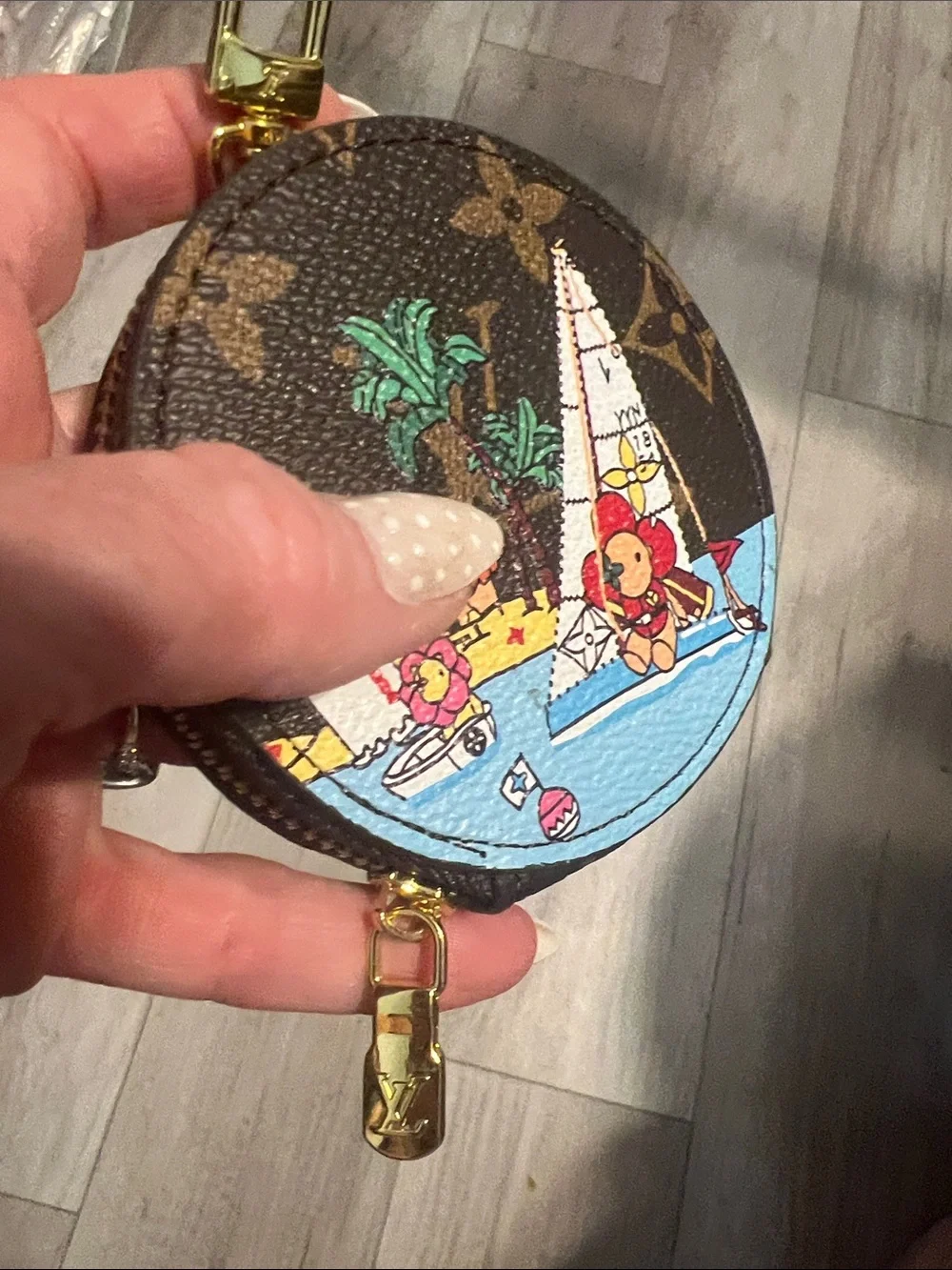 Brown Monogram Round Coin Pouch Purse Charm with Colorful Sailboat Print